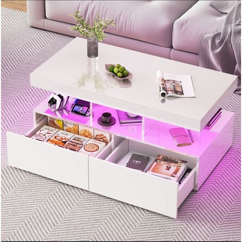 Table Basse LED Moderne, Brillante, Avec Rangement, 2 Tiroirs, 104x54x46 Cm, Blanc