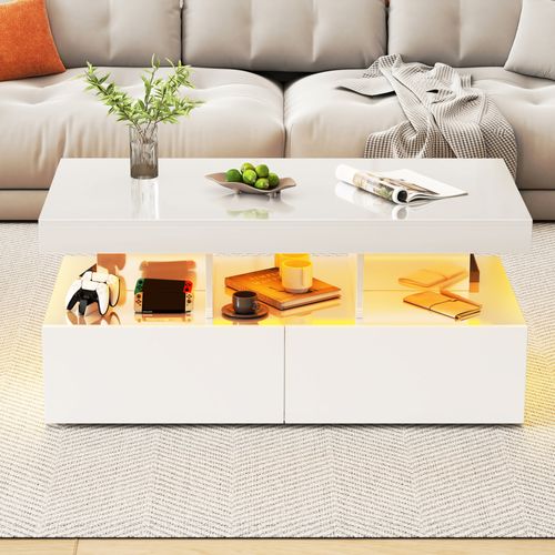 Table Basse LED Moderne, Brillante, Avec Rangement, 2 Tiroirs, 104x54x46 Cm, Blanc