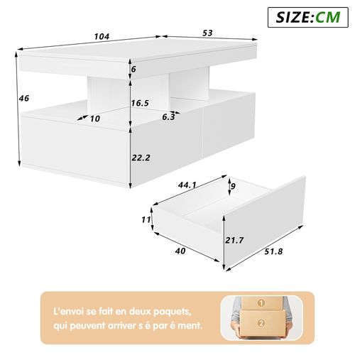 Table Basse LED Moderne, Brillante, Avec Rangement, 2 Tiroirs, 104x54x46 Cm, Blanc