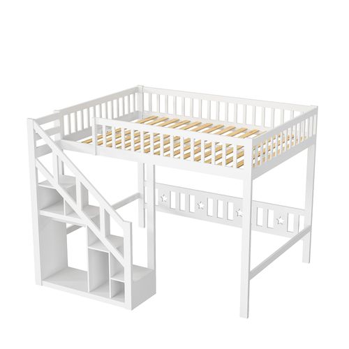 Lit Mezzanine 140 X 200 Cm, Multifonction Lit Enfant Avec Espace De Rangement Escalier, Blanc