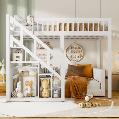 Lit Mezzanine 140 X 200 Cm, Multifonction Lit Enfant Avec Espace De Rangement Escalier, Blanc
