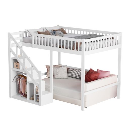 Lit Mezzanine 140 X 200 Cm, Multifonction Lit Enfant Avec Espace De Rangement Escalier, Blanc
