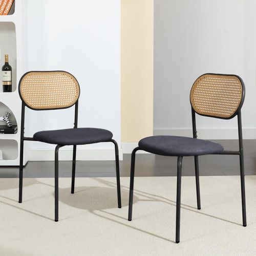 Lot De 2 Chaises Modernes De Cuisine Avec Dossier En Rotin, Pieds Métalliques, Noir