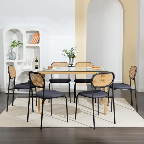 Lot De 2 Chaises Modernes De Cuisine Avec Dossier En Rotin, Pieds Métalliques, Noir