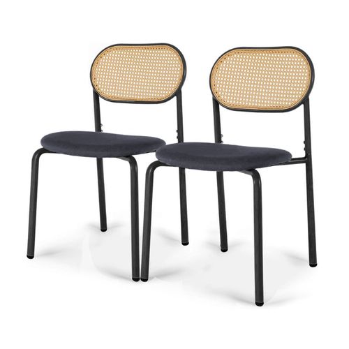 Lot De 2 Chaises Modernes De Cuisine Avec Dossier En Rotin, Pieds Métalliques, Noir