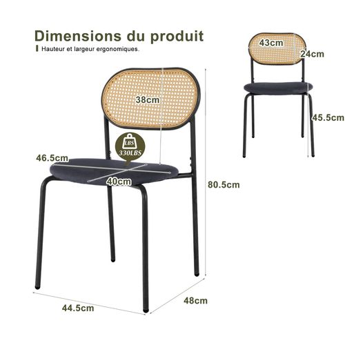 Lot De 2 Chaises Modernes De Cuisine Avec Dossier En Rotin, Pieds Métalliques, Noir