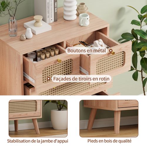 Commode En Rotin Meuble De Rangement Avec 5 Tiroirs, Buffet Commode Chambre (a Couleur Du Bois)
