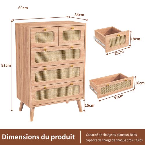 Commode En Rotin Meuble De Rangement Avec 5 Tiroirs, Buffet Commode Chambre (a Couleur Du Bois)