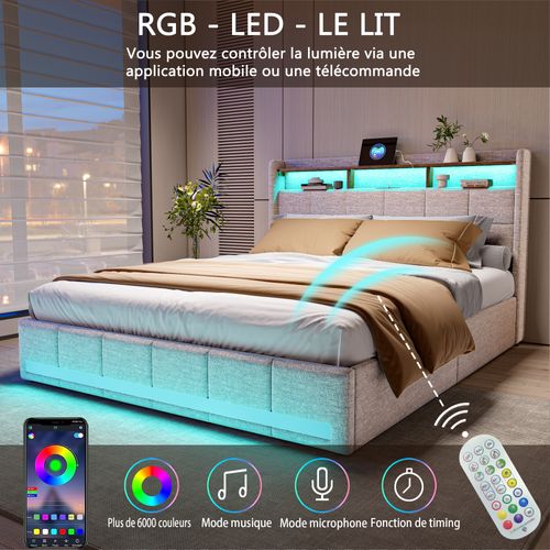 Lit 140x190 Cm Avec Sommier Éclairage LED Et USB, 4 Tiroirs Et Tête De Lit De Rangement, Lin, Beige