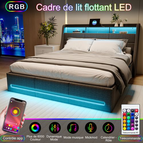 Lit 140x190 Avec Sommier LED Et USB, Lit Coffre Avec Rangement Et Tete De Lit, Gris