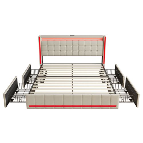 Lit 140x190 Avec Sommier LED Et USB, Lit Double Avec 4 Tiroirs, Beige