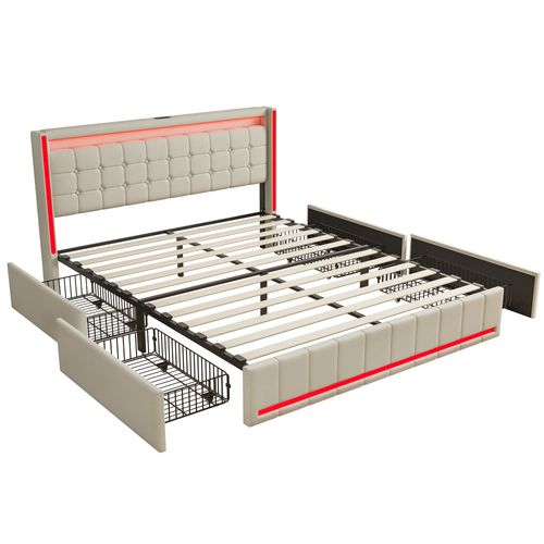 Lit 140x190 Avec Sommier LED Et USB, Lit Double Avec 4 Tiroirs, Beige