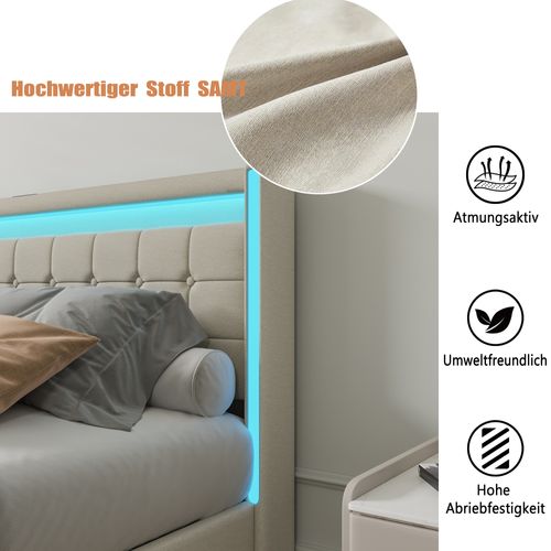 Lit 140x190 Avec Sommier LED Et USB, Lit Double Avec 4 Tiroirs, Beige