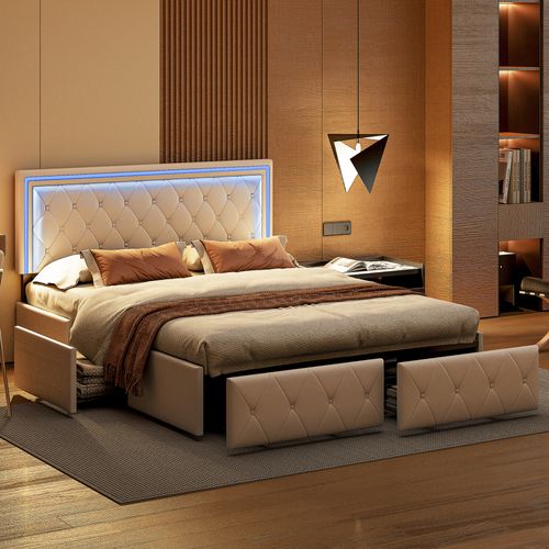 Lit 140x200cm Avec LED Tête De Lit Relevable, Lit Capitonné Avec 4 Tiroirs Et Rangement Lit, Blanc