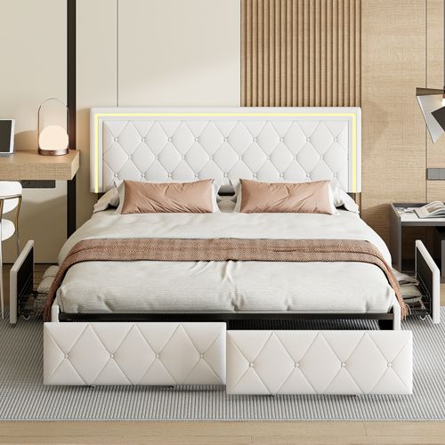 Lit 140x200cm Avec LED Tête De Lit Relevable, Lit Capitonné Avec 4 Tiroirs Et Rangement Lit, Blanc