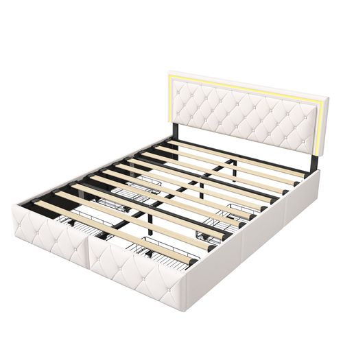 Lit 140x200cm Avec LED Tête De Lit Relevable, Lit Capitonné Avec 4 Tiroirs Et Rangement Lit, Blanc