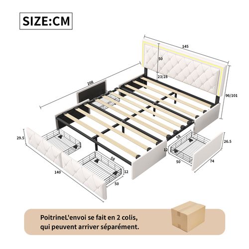 Lit 140x200cm Avec LED Tête De Lit Relevable, Lit Capitonné Avec 4 Tiroirs Et Rangement Lit, Blanc