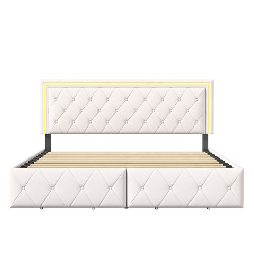 Lit 140x200cm Avec LED Tête De Lit Relevable, Lit Capitonné Avec 4 Tiroirs Et Rangement Lit, Blanc