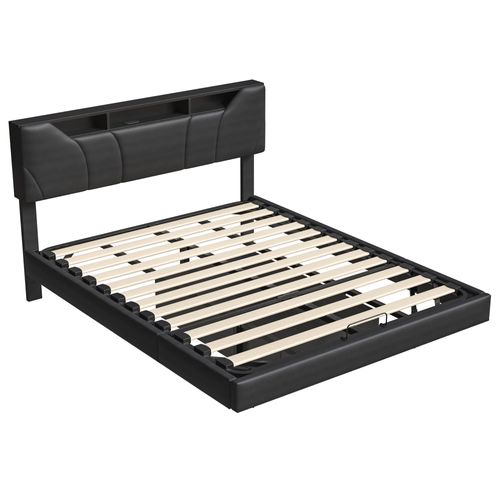 Lit 160x200 Cm Avec Éclairage LED, Lit Coffre Avec Port USB, Tête De Lit Réglable En Hauteur, Noir