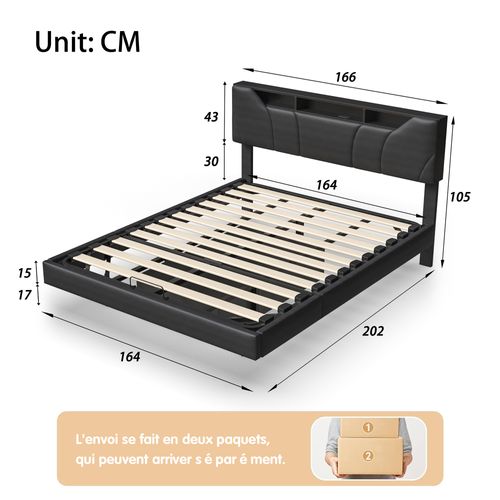 Lit 160x200 Cm Avec Éclairage LED, Lit Coffre Avec Port USB, Tête De Lit Réglable En Hauteur, Noir