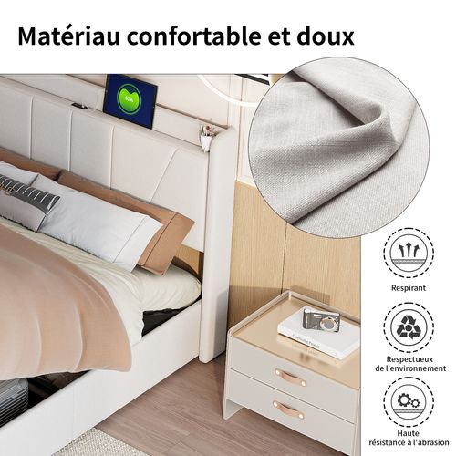 Lit Coffre 160x200 Avec USB Et Type C, Lit Capitonné Avec Sommier à Lattes, Lit Double, Beige