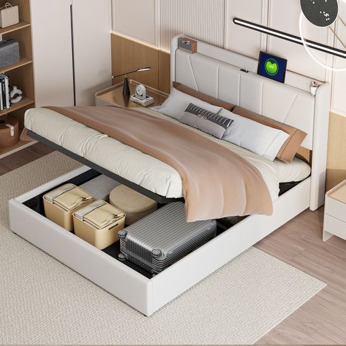 Lit Coffre 160x200 Avec USB Et Type C, Lit Capitonné Avec Sommier à Lattes, Lit Double, Beige