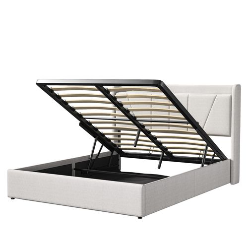 Lit Coffre 160x200 Avec USB Et Type C, Lit Capitonné Avec Sommier à Lattes, Lit Double, Beige