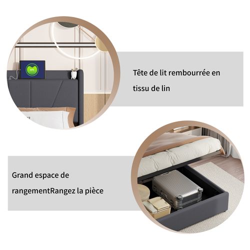 Lit Coffre 160x200 Avec USB Et Type C, Lit Capitonné Avec Sommier à Lattes, Lit Double, Gris