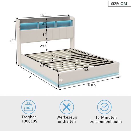 Lit 160x200cm Avec Éclairage LED, Lit Coffre Avec Sommier à Lattes, Prises, USB Et Type-c, Velours