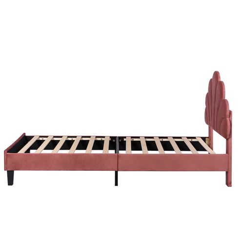 Lit Simple Capitonnés 90 X 200 Cm, Tête De Lit En Forme De Fleur, Sommier à Lattes, Velours, Rouge