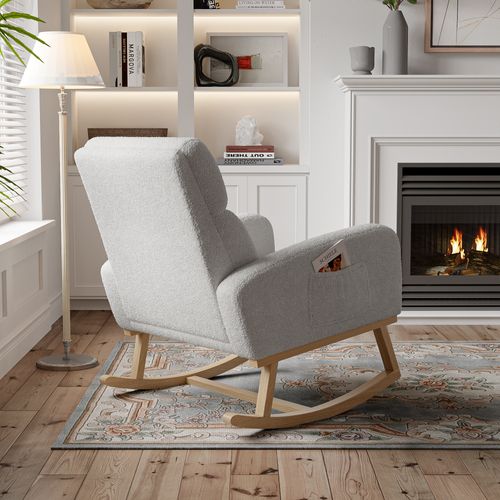 Fauteuil à Bascule, Fauteuil De Relaxation, Avec Poches Et Pieds En Bois,velours Teddy Gris