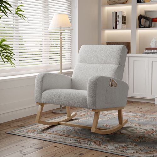 Fauteuil à Bascule, Fauteuil De Relaxation, Avec Poches Et Pieds En Bois,velours Teddy Gris