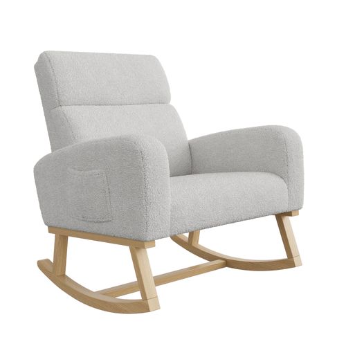 Fauteuil à Bascule, Fauteuil De Relaxation, Avec Poches Et Pieds En Bois,velours Teddy Gris
