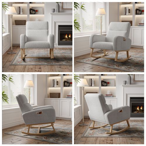 Fauteuil à Bascule, Fauteuil De Relaxation, Avec Poches Et Pieds En Bois,velours Teddy Gris