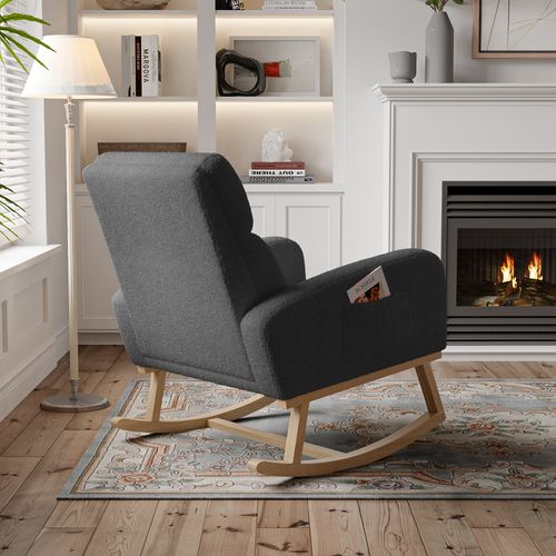 Fauteuil à Bascule, Fauteuil De Relaxation, Avec Poches Et Pieds En Bois,velours Teddy Gris Foncé