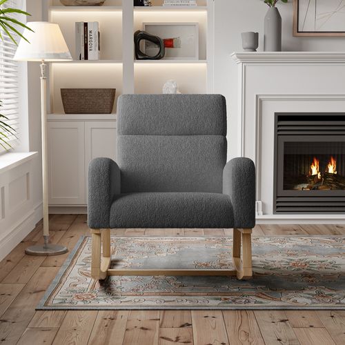 Fauteuil à Bascule, Fauteuil De Relaxation, Avec Poches Et Pieds En Bois,velours Teddy Gris Foncé