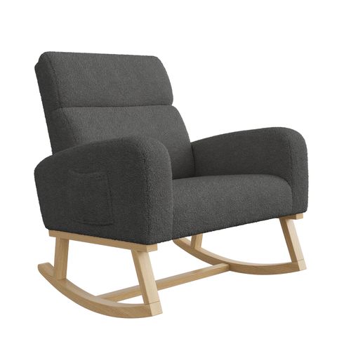 Fauteuil à Bascule, Fauteuil De Relaxation, Avec Poches Et Pieds En Bois,velours Teddy Gris Foncé