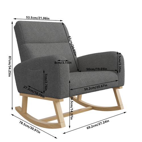 Fauteuil à Bascule, Fauteuil De Relaxation, Avec Poches Et Pieds En Bois,velours Teddy Gris Foncé