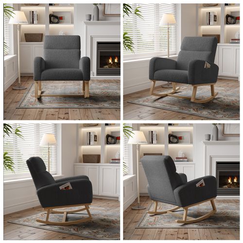 Fauteuil à Bascule, Fauteuil De Relaxation, Avec Poches Et Pieds En Bois,velours Teddy Gris Foncé