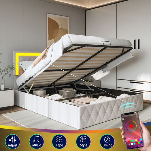 Lit Coffre 140x200 Cm En Velours - Avec LED Et Sommier à Lattes - Lit Double De Rangement - Beige