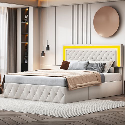 Lit Coffre 140x200 Cm En Velours - Avec LED Et Sommier à Lattes - Lit Double De Rangement - Beige