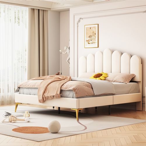 Lit Double Rembourré En Velours - 140x200cm - Tête De Lit En Forme De Fleur - Beige