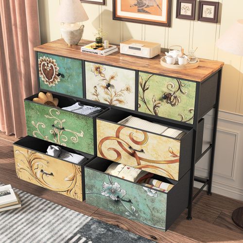 Commode En Tissu Avec 7 Tiroirs, 100 X 30 X 78cm - Motif à Motif Rétro