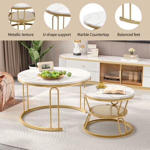 Lot De 2 Tables Basses Gigognes Rondes En Bois - Aspect Marbre - En Forme De U Dorée