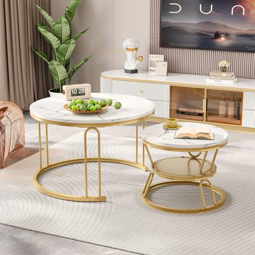 Lot De 2 Tables Basses Gigognes Rondes En Bois - Aspect Marbre - En Forme De U Dorée