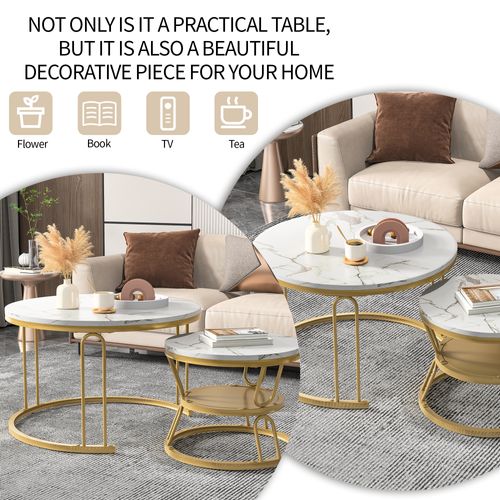 Lot De 2 Tables Basses Gigognes Rondes En Bois - Aspect Marbre - En Forme De U Dorée