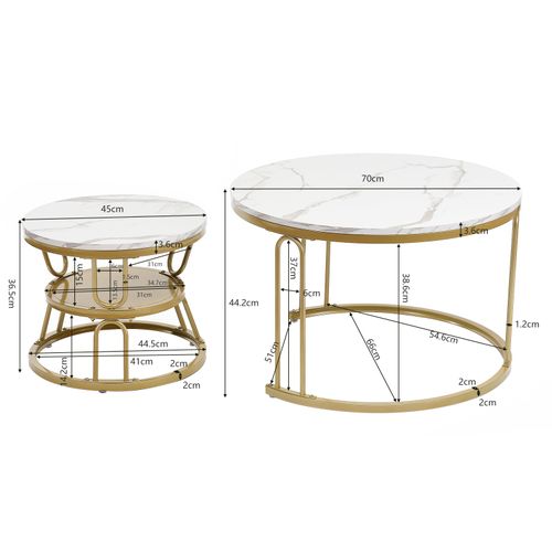 Lot De 2 Tables Basses Gigognes Rondes En Bois - Aspect Marbre - En Forme De U Dorée