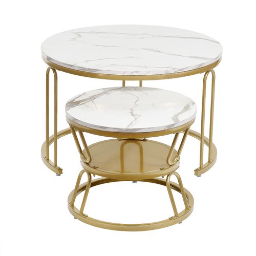 Lot De 2 Tables Basses Gigognes Rondes En Bois - Aspect Marbre - En Forme De U Dorée