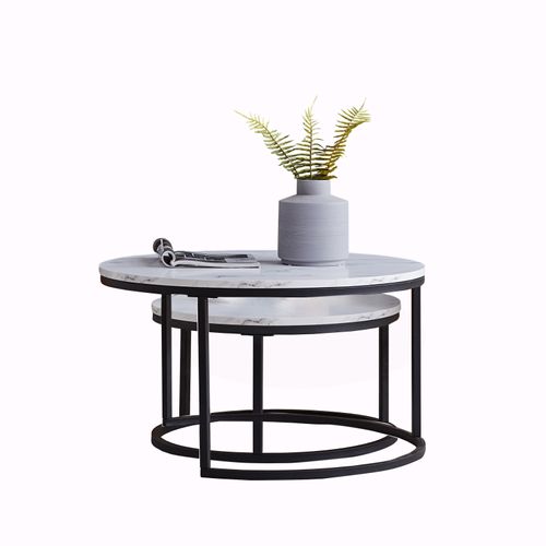 Lot De 2 Tables Basses Gigognes, Avec Marbré Brillant, Noir Et Blanc