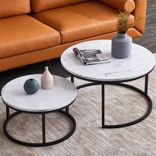 Lot De 2 Tables Basses Gigognes, Avec Marbré Brillant, Noir Et Blanc